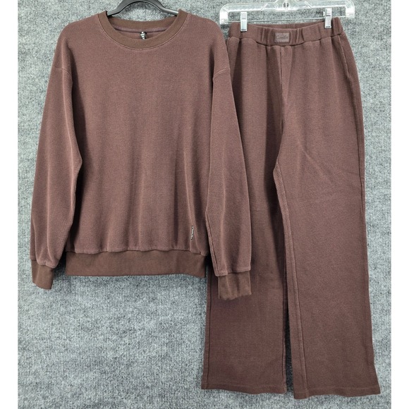 Comfrt Other - Comfrt Waffle Knit Lounge Set Women S Truffle Sweatshirt and Wide Leg Pant Brown
